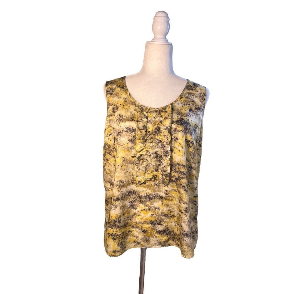 Talbots yellow and gray abstract printed sleeveless blouse with ruffled front -